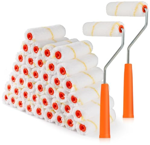HANJKINZ 40 Pack Microfiber Paint Roller 4 Inch, 3/8 Inch Nap | Mini Paint Roller Covers, Small Paint Roller with Roller Frame, Ideal for Walls, Ceilings, Doors