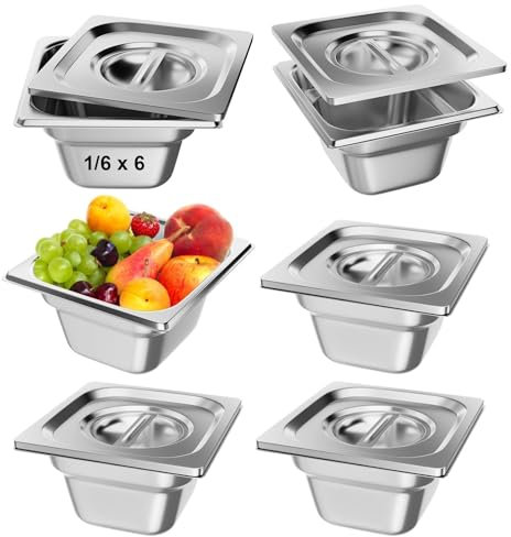 TAIMIKO 6PCS Stainless Steel Containers With Lids, Gastronorm Pan GN 1/6 Tray,100mm Depth,Food Storage Container Bain Marie Catering Food Pot Pans,1mm thickness (1/6 Pan,6pcs,with Lids)
