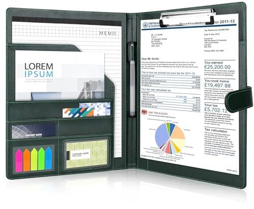 Meetory Klemmbrett mit Deckel, Klemmbrettmappe Aktenmappe aus PU-Leder Mappe A4 Schreibmappe mit Dokumentenfächern, Stiftehalter, Taschen, Klappdeckel (Olivgrün)