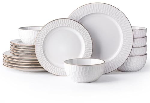 GBhome Geschirrset 6 Personen, 18-tlg Diamant Design Handarbeit Steingut Geschirr Set, Mikrowellen- & Spülmaschinenfest Schüssel- und Teller Set (Blasen Elfenbein, 18 Teile Set)
