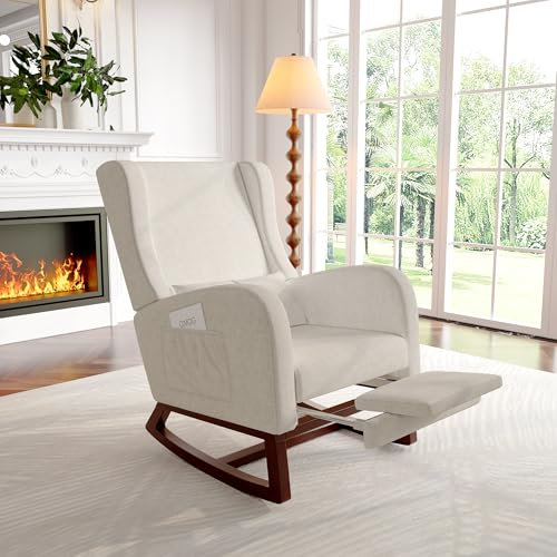 BHFFTHK Schaukelstuhl Sessel Relaxsessel Schaukelsessel mit Fußstütze,Stillstuhl Schwingstuhl mit Samtstoff und Lendenkissen & 2 Seitentaschen, Bequemer Lesesessel für Wohnzimmer (Beige)
