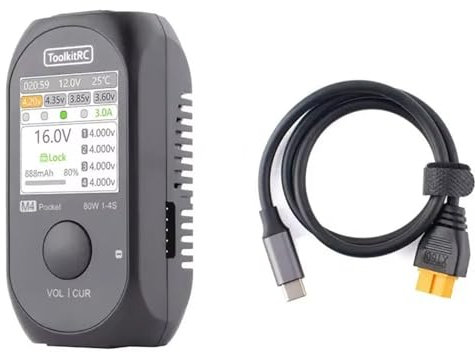 ToolkitRC M4 80W 5A MINI Pocket Smart Compact Balance Charger Built-in USB-C XT30 XT60 Output for 1-4S Lipo LiHv Life Battery (M4 Pocket with SC100)