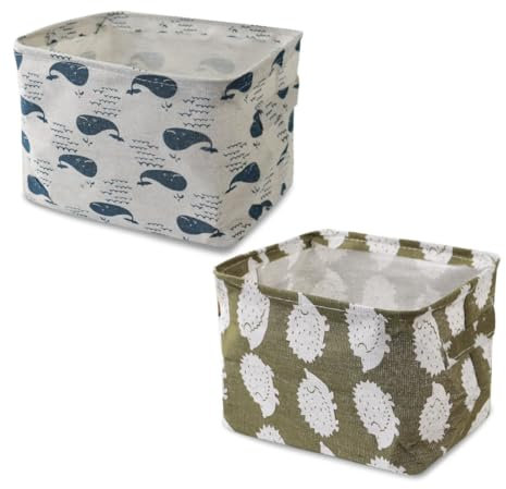 FuninCrea 2 Pieces Fabric Storage Baskets with Handles, 20*16*14cm Small Storage Box Foldable Desktop Clutter Organisation Storage Cubes Cosmetics, Bathroom Products, Sundries (Animals)