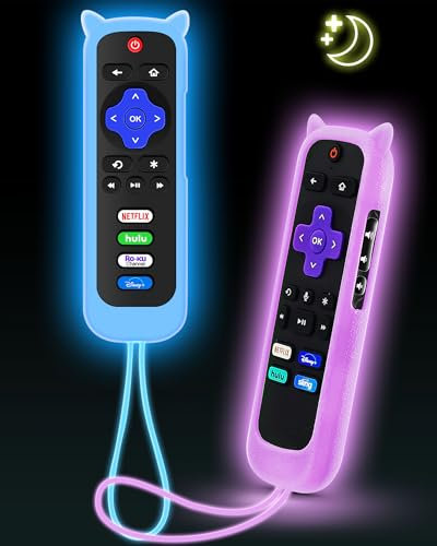 OneBOM Schutzhülle für Roku-Fernbedienung mit Katzenohren-Design, Silikonhülle, passend für Hisense/TCL Roku TV, Steaming Stick/Express, Universal-Ersatzcontroller, leuchtet im Dunkeln, Blau/Lila, 2