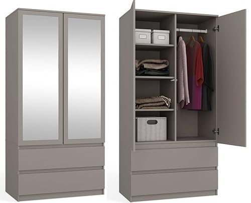 BDW Kleiderschrank mit Spiegel, 90x180x50 cm, 2 Schubladen, 4 Regale | Ideal für EIN Schlafzimmer, Flur, Kinderzimmer oder Büro | Kleiderständer, Garderobenständer (Grau)