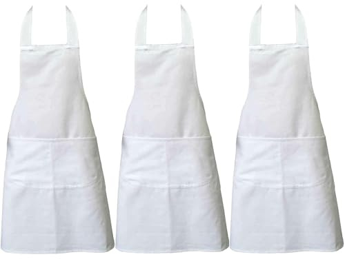 Clay Roberts Chefs Apron, White, Pack of 3, Cooking and Baking Apron for Men and Women, Double Pockets, Kitchen Butchers Aprons, BBQ & Catering Bibs, Cooking Tabards