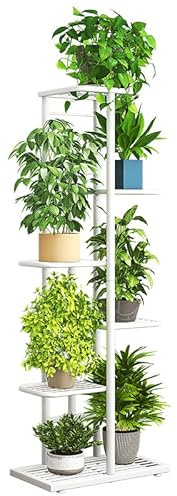 Uwenkjie White 6-story metal indoor and outdoor flowerpot storage rack, capable of accommodating 7 pots, 108cm corner plant rack, suitable for gardens, living rooms, terraces, etc