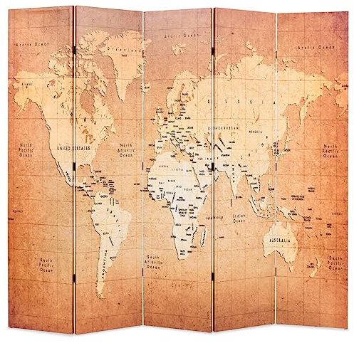 5-teiliger Raumteiler Trennwand Paravent Stellwand Faltbarer Sichtschutz Raumtrenner freistehend für Büro Schlafzimmer, 200 x 170 cm Weltkarte Gelb