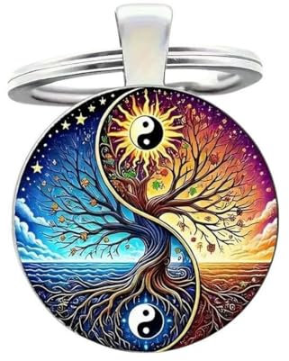 Porte-clés, bijou de sac cabochon arbre de vie et symbole yin & yang.