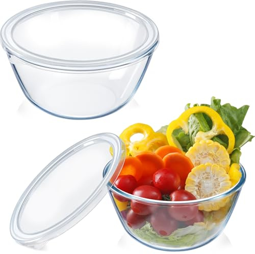 NUTRIUPS 2 Piece Glass Mixing Bowl Set Clear Prepare Mixing Bowl Set, Glass Bowls for Kitchen(1L-Set of 2 with lids)