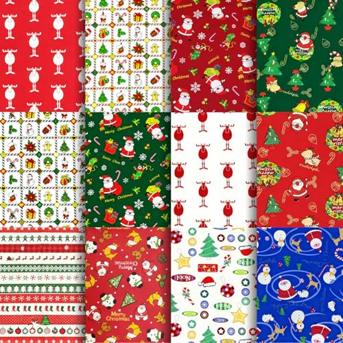 Aucuu 12 PCS Christmas Fat Quarters Fabric Bundles, 50x40cm Christmas Fabric Bundles, Quilting Cotton, Bundle Quilting Craft FA-BRIC, Christmas F abric for DIY Crafts, Sewing, Patchwork, Home Decor
