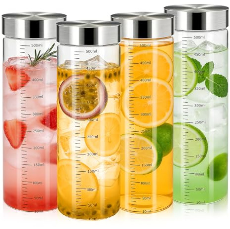 Glasflasche 500ml mit Deckel - 4er Pack, Spülmaschinenfest, BPA-Frei | Saftflasche aus Borosilikatglas, Wiederverwendbar für Smoothies, Kaffee und Tee to go, Inklusive Messskala