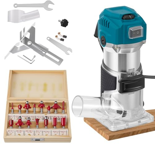 Oberfräse Trimmer Einhandfräse Kantenfräse HolzFräse Multifunktionsfräse 800W mit 15-tlg. Hartmetall Fräser 6.0+6.35mm Spannzange 30.000 U/min mit Staubabsaugungsanschluss 6 Variable Geschwindigkeiten