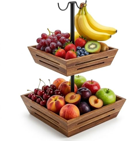 G.a HOMEFAVOR Cesta de Frutas Frutero de 2 Niveles Madera de Acacia con Colgador para Plátanos, Soporte para Verduras, Estante para Aperitivos Y Encimera De Cocina