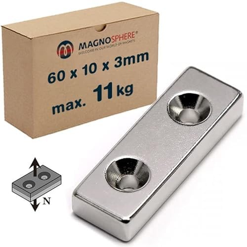 5 x Quadermagnet mit zwei Senkbohrungen 60 x 10 x 3mm - Neodym N35 (NdFeB) - NORD (N-Pole) - Haftkraft 11 kg - 5 Stück - starke Block-Magnete mit 2x Bohrung und Senkung für Industrie und Zuhause