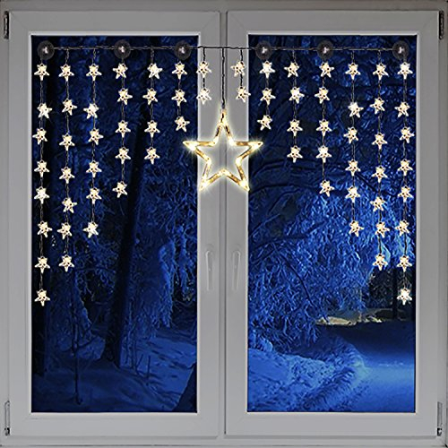 Mojawo Beleuchteter Weihnacht Sternenvorhang Lichterkette Fensterdeko 90 LED warm weiß mit Saugnäpfe Einfach zu montieren Breite 135 cm, Höhe 95 cm, Zuleitung 5 m