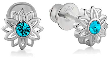 Boucles DOreilles En Argent Sterling Avec Cristal Bleu Et Design Floral Pour Filles