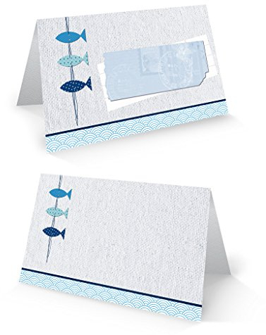Logbuch-Verlag 50 Tischkarten zum Beschriften Namensschilder für Taufe Kommunion Firmung blau hellblau weiß Fische-Motiv