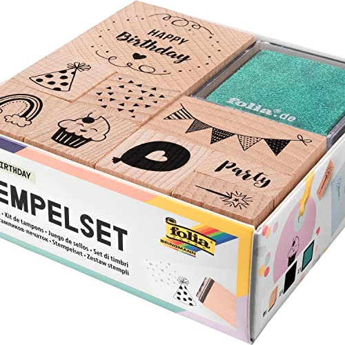 folia 31104 - Holzstempelset Happy Birthday, inklusive 9 Holzstempel und 2 Stempelkissen - ideal zum Verzieren von Karten, Freundschaftsbüchern, für Lettering und Scrapbooking