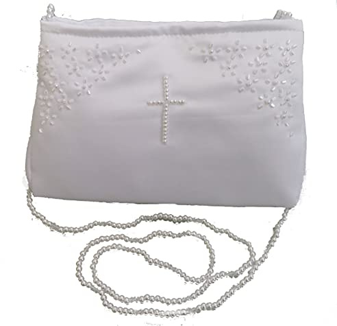 LadyMYP©Kommuniontasche Brautbeutel mit Perlen in Kreuzform mit langer Perlenkette für Hochzeit Kommunion weiß/ivory NEU (weiß)