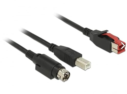 DELOCK PoweredUSB Kabel Stecker 24 V > USB Typ-B Stecker + Hosiden Mini-DIN 3 Pin Stecker 1 m für POS Drucker und Terminals