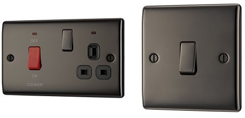 BG Electrical NBN70B 45 A Nexus Metal Cooker Control Unit with 13 A Switched Power Socket Includes Indicators, Black Nickel + NBN12 10 A Electrical 1-Gang 2-Way Metal Nickle Light Switch, Black