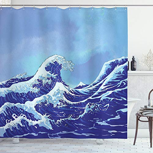 ABAKUHAUS Blau Duschvorhang, Big Tsunami Meer Natur, Stoffliches Gewebe Badezimmerdekorationsset mit Haken, 175 x 180 cm, Blassblau Königsblau
