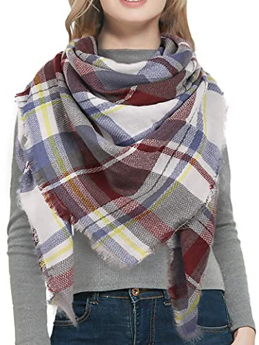 Warmer Damen-Deckenschal, übergroße Quaste, Schottenkariert, gemütlich, kariert, Pashmina, Burgunderrot und Grau, Einheitsgröße