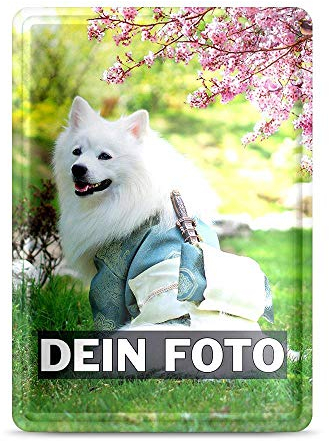 Tassendruck Blech-Schild mit Foto und Text selbst gestalten/Personalisierbar mit eigenem Bild als Metall-Poster / A6 (10x15cm) im Hochformat/Weiss