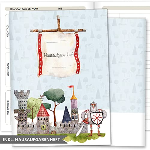 OLGS Hausaufgabenheft Hülle Ritter und Drachen inkl. Heft Schulheft Schutzhülle Umschlag Geschenkidee Einschulung Grundschule (ohne Personalisierung, Ritterburg)
