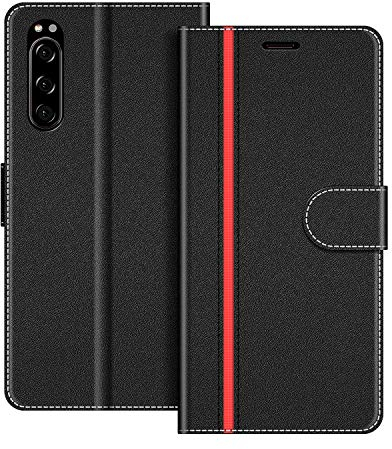 COODIO Handyhülle für Sony Xperia 5 Handy Hülle, Sony Xperia 5 Hülle Leder Handytasche für Sony Xperia 5 Klapphülle Tasche, Schwarz/Rot
