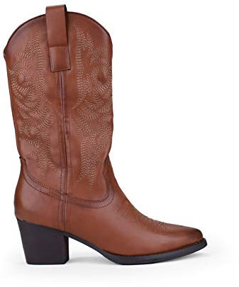 BOSANOVA Stivale stile Cowboy con dettaglio di cuciture decorative a tono sulla canna, tacco 5,5 cm e chiusura con cerniera laterale. Scarpe da donna, CUOIO, 36 EU