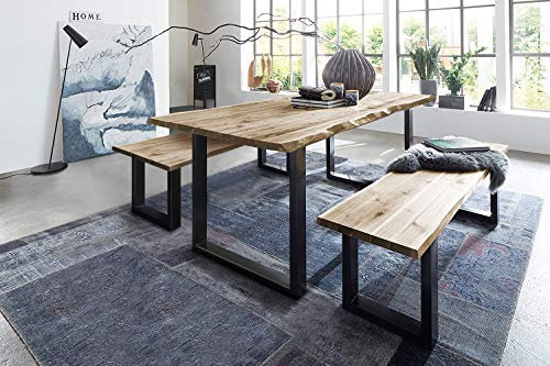 SAM 3 TLG. Essgruppe Quintus, Baumkantentisch 220x100 cm & -Bank 220x42 cm, Akazienholz massiv, naturfarben, U-Gestell Schwarz