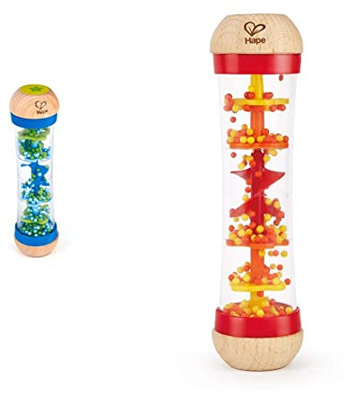 Hape Palo de Lluvia, Mini Juguete Musical de Madera Palo de Lluvia y Sonajero, Rojo + Rainmaker | Mini sonajero de Madera Hacer Lluvia, Color Azul