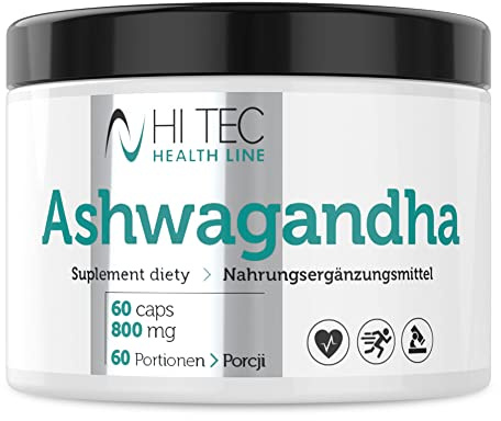 HI TEC Health Line Ashwagandha Premiumrohstoff Nahrungsergänzungsmittel Schlaf Konzentration und Gedächtnis Stress und Leistungsschwäche 60 Kapseln Gute Zusammensetzung Vegan Hochdosiert