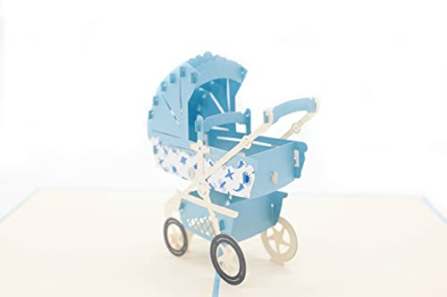 glücksgreissler Karte Geburt Junge Geburtskarte 3D Popup Postkarte Faltkarte Kinderwagen Junge, Neutral, Blau, Gratulation zur Geburt, It's a boy