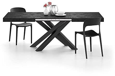 MOBILI FIVER, Ausziehbarer Esstisch Emma 140(220) x90 cm, Schwarzer Beton mit Schwarzen gekreuzten Beinen, Made In Italy