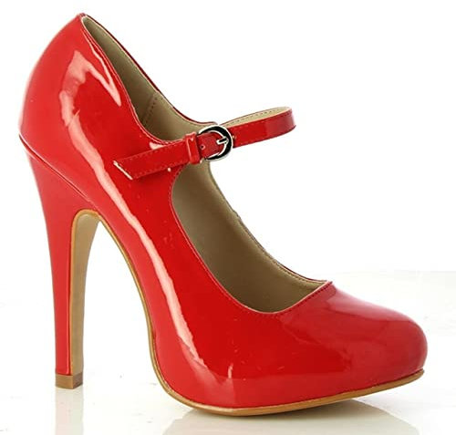 New Womens Ladies HIGH Heel Mary Jane Ankle Strap Court Shoes Size 3-8 (RED Patent, Numeric_8)