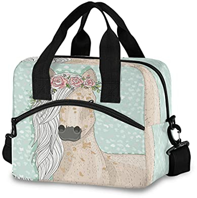 Mnsruu Bolsa de almuerzo con diseño de caballo con flores para niños, lonchera térmica de gran capacidad, organizador de almuerzo para niños y niñas