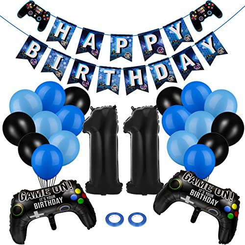 Cerolopy 25 Pcs Video Game Birthday Party Decorations Set, Video Game Party Supplies Decoration Kit Gaming Controller Balloons Gamer Foil Balloon Happy Birthday Gaming Banner (Age 11)