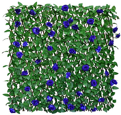 Sumery Schermo per recinzione espandibile per balconi, patio esterno, pannello decorativo in finta edera, siepi artificiali (foglie singole) (1, fiori blu)