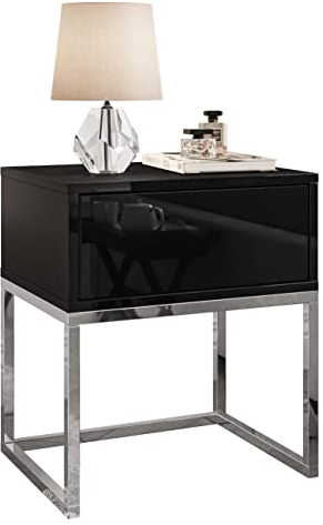 lukmebel Nachttisch Schwarz Glamur 45x36,6x53 cm mit Chromgestell - Bett Tisch - Push to Open Nachtkasten - Nachtkästchen - Hochglanz - Nachtschrank - Beistelltisch mit Schublade