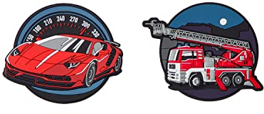Schneiders 49005-228 - Patches mit Klettverschluss, 2er Set mit Feuerwehrauto und Sportflitzer, Klett-Motive je ca. 7,5 cm Durchmesser zum Anbringen am Schul-Ranzen