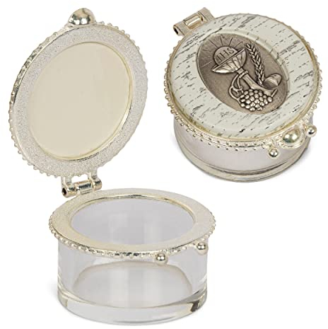 NKlaus Rosenkranz Etui Glas Dose rund transp Klappdeckel perlweiß Kommunion 4x3cm 2539
