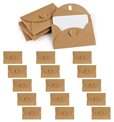 IOPYKKOA 15 Kraftpapier Umschläge mit 15 Blanko Papier Karten, Mini Briefumschläge mit Herz Verschluss für Geschenkkarten DIY Graffiti