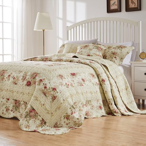 Greenland Home Antique Rose Jumbo Oversized 100% Cotton Bedding Set, Bedspread 110 W x 118 L with 2 Shams 20 W x 26 L Each, Queen (3 Piece), Ecru