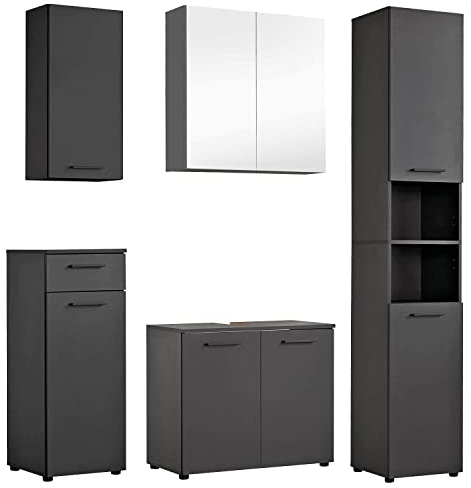 mokebo® Badmöbel Set 4-teilig aus Holz 'Der Steuermann', Badezimmer Set oder Komplettset mit Unterschrank, Beistellschrank, Spiegelschrank und Hochschrank, Badezimmerschränke in Anthrazit-Schwarz