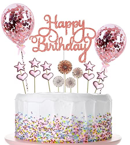 Creaher Tortendeko Rosegold 17 Stück, Happy Birthday Cake Topper Kuchendeko Sterne Herz Cupcake Tortenstecker für Geburtstag Dekoration Mädchen Junge