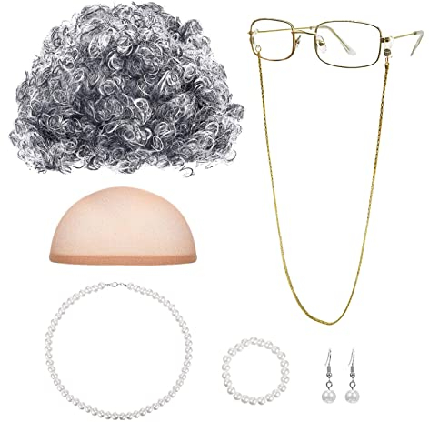 MIVAIUN 7 Teiliges Oma Perücke Kostüm Accessoire Set Großmutter Cosplay Zubehör Set, Graue Perücke, Oma Perücke, Perücke Kappe, Oma Brille mit Kette, Old Lady Kostüm Set, Einheitsgröße (7 Pcs)