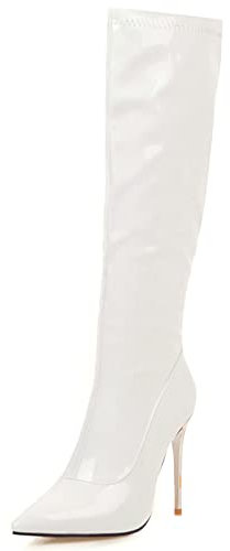Bviennic Donna Appuntito Vernice Stivali Alti Zip Laterale Uomini Festa Tacco A Spillo Moda Stivali Equitazione Sposa Bianco Numero 44 EU-46Cn